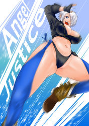 Rule 34 | angel (kof), blue eyes, boots, bra, breasts, chaps, cowboy boots, cropped jacket, curvy, fingerless gloves, gloves, hair over one eye, highres, jacket, kicking, large breasts, leather, leather jacket, open mouth, plump, sk (sk-g), snk, solo, strapless, strapless bra, teeth, the king of fighters, the king of fighters xiv, the king of fighters xv, underwear, white hair