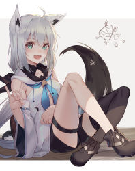 Rule 34 | 1girl, absurdres, ahoge, animal ear fluff, animal ears, arl, bare shoulders, black footwear, black thighhighs, blush, breasts, commentary request, fox ears, fox tail, green eyes, hair between eyes, highres, hololive, long hair, looking at viewer, open mouth, shirakami fubuki, shirakami fubuki (1st costume), shoes, single thighhigh, small breasts, smile, solo, tail, thighhighs, virtual youtuber, white hair