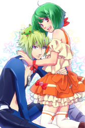 Rule 34 | 1boy, 1girl, :d, ahoge, arm around waist, bow, brera sterne, brother and sister, cero (cerocero), detached sleeves, green hair, harmonica, instrument, kneeling, layered skirt, looking at viewer, macross, macross frontier, nail polish, navel, open mouth, pink eyes, ranka lee, red eyes, short hair, siblings, silver nails, sitting, skin tight, skirt, smile, thighhighs