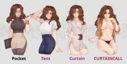 Rule 34 | 1girl, absurdres, black choker, black nails, black panties, black shirt, blue pants, bracelet, breasts, breasts apart, brown hair, brown shirt, choker, cowboy shot, cropped legs, cup, curtain call challenge (meme), english text, eyewear on head, glasses, hair over one eye, hand on own head, highres, holding, holding cup, jewelry, large breasts, long hair, meme, multiple views, nail polish, no bra, open clothes, open shirt, original, panties, pants, pink nails, ring, shirt, shirt tucked in, short sleeves, skiizc, sleeveless, sleeveless shirt, tan skirt, underwear, white shirt