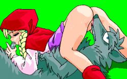 Rule 34 | 1990s (style), 1boy, 1girl, 69, akazukin chan ni kiwotsukete, aliasing, blonde hair, bottomless, braid, capelet, closed eyes, game cg, green background, hood, hood up, hooded capelet, interspecies, little red riding hood, pc98, penis, pixel art, red capelet, red footwear, retro artstyle, simple background, spread legs, tagme, twin braids, uncensored, wolf
