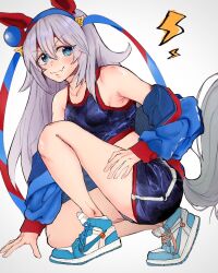 Rule 34 | 1girl, air jordan, alternate costume, animal ears, bare shoulders, blue eyes, blue footwear, blue hairband, blue jacket, blue shorts, blue sports bra, breasts, commentary request, crop top, ear covers, ear ornament, fangs, grey hair, hair between eyes, hairband, headband, horse ears, horse girl, horse tail, issei1999b, jacket, jacket partially removed, lightning bolt symbol, long hair, long sleeves, midriff, nike (company), on one knee, red headband, shoes, shorts, simple background, skin fangs, small breasts, sneakers, solo, sports bra, tail, tamamo cross (umamusume), umamusume, v-shaped eyebrows, white background