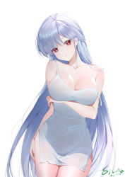 Rule 34 | 1girl, :o, absurdres, arm at side, arm under breasts, breasts, cleavage, collarbone, covered navel, cowboy shot, dated, dress, grey hair, head tilt, highres, large breasts, long hair, looking at viewer, open mouth, original, piao qi jiangjun, red eyes, see-through, short dress, side slit, signature, simple background, solo, straight hair, strap slip, very long hair, wet, wet clothes, wet dress, white background