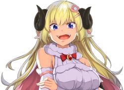 Rule 34 | 1girl, ahoge, animal ears, blonde hair, blue eyes, bow, bowtie, breast hold, breasts, brooch, commentary, crossed arms, detached sleeves, dress, fur-trimmed dress, fur trim, hair ornament, hairclip, haruka kuromiya, hololive, horns, jewelry, large breasts, long hair, looking at viewer, making-of available, open mouth, red bow, red bowtie, sheep ears, sheep horns, solo, transparent background, tsunomaki watame, tsunomaki watame (1st costume), tsurime, upper body, virtual youtuber, white dress, wool