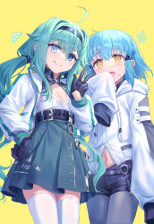 Rule 34 | 2girls, absurdres, ahoge, akari (shichigatsu), bad id, bad pixiv id, belt, black gloves, black hairband, blue eyes, blush, gloves, green hair, green skirt, grey legwear, grin, hair ornament, hairband, hairclip, hand on own hip, hand up, heterochromia, high-waist skirt, highres, hood, hood down, hoodie, jacket, pantyhose under shorts, long hair, long sleeves, looking at viewer, low twintails, medium hair, miniskirt, multiple girls, navel, o-ring, o-ring belt, open clothes, open jacket, open mouth, original, pantyhose, purple shorts, shichigatsu, short shorts, shorts, simple background, skirt, sleeves past fingers, sleeves past wrists, smile, sou (shichigatsu), standing, thighhighs, twintails, very long hair, w, white jacket, white legwear, yellow background, yellow eyes