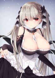 Rule 34 | 1girl, areola slip, azur lane, bare shoulders, between breasts, black dress, blush, breasts, cleavage, cowboy shot, dress, earrings, flight deck, formidable (azur lane), frilled dress, frills, grey hair, hair between eyes, hair ornament, hair ribbon, highres, jewelry, large breasts, long hair, long sleeves, looking at viewer, red eyes, ribbon, rigging, skirt hold, solo, twintails, umou (may65879)