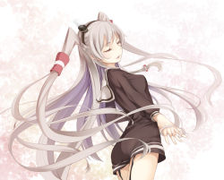 Rule 34 | 10s, 1girl, amatsukaze (kancolle), breasts, cowboy shot, dress, closed eyes, facing away, female focus, from side, garter straps, hair tubes, hairband, hat, kantai collection, kisuiaki, long hair, long sleeves, mini hat, neckerchief, open mouth, sailor dress, school uniform, serafuku, short dress, small breasts, solo, two side up, very long hair, white hair