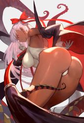 Rule 34 | 1girl, ass, bare shoulders, bb (fate), bb (fate) (all), bb (swimsuit mooncancer) (fate), bb (swimsuit mooncancer) (third ascension) (fate), black coat, bow, breasts, coat, commentary request, covered erect nipples, dark-skinned female, dark skin, fate/grand order, fate (series), from behind, gloves, hair bow, highleg, highleg leotard, highres, lack, large breasts, leotard, long hair, looking at viewer, looking back, purple eyes, purple hair, red bow, shiny skin, solo, standing, swimsuit, tan, vampire costume, very long hair, white gloves, white leotard
