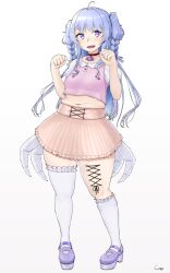 Rule 34 | 1girl, ahoge, amiya aranha, arthropod limbs, asymmetrical legwear, blue hair, blush, braid, breasts, brown skirt, buttons, choker, commentary request, commission, corset piercing, extra eyes, eyes visible through hair, full body, hair over eyes, highres, long hair, looking at viewer, midriff, navel, open mouth, paid reward available, paw pose, plump, purple eyes, purple footwear, red choker, ribbon, shigekikkusu, short sleeves, signature, simple background, skeb commission, skirt, small breasts, solo, standing, thick thighs, thighhighs, thighs, tsunderia, twin braids, two side up, virtual youtuber, white background, white thighhighs