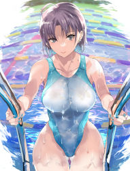 Rule 34 | 1girl, ahoge, asakura toru, bare shoulders, blue eyes, blue hair, blue one-piece swimsuit, blush, breasts, brown hair, collarbone, competition swimsuit, covered navel, highleg, highleg swimsuit, highres, idolmaster, idolmaster shiny colors, large breasts, looking at viewer, one-piece swimsuit, pool, pool ladder, poolside, short hair, smile, solo, swimsuit, thighs, wet, white one-piece swimsuit, yuu (asaiyuji)