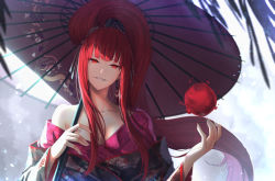 Rule 34 | 1girl, breasts, cloud, cloudy sky, collarbone, earrings, hair ornament, head tilt, high ponytail, holding, japanese clothes, jewelry, kimono, limeblock, long hair, long sleeves, looking at viewer, off shoulder, oil-paper umbrella, orb, original, red eyes, red hair, sidelocks, sky, smile, solo, standing, umbrella, upper body, wide sleeves