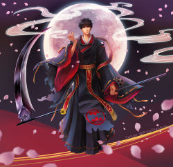 Rule 34 | 1boy, black hair, blurry, cigarette, depth of field, embellished costume, full body, full moon, highres, japanese clothes, looking at viewer, moon, petals, rubydian, sakurazuka seishirou, scythe, short hair, simple background, smoke, solo, torn clothes, twitter username, wide sleeves, x (manga)