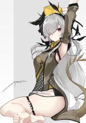 Rule 34 | 1girl, absurdres, arknights, armpits, arms up, artist name, asymmetrical sleeves, brown dress, brown sleeves, brown tail, closed mouth, colored eyelashes, commentary request, detached sleeves, dress, expressionless, full body, grey background, grey hair, hair between eyes, hair ornament, hair over one eye, highres, light blush, long hair, mismatched sleeves, one eye closed, partial commentary, red eyes, sidelocks, signature, sitting, skindentation, sleeveless, sleeveless dress, soles, solo, stretching, tail, thigh strap, thighs, twitter username, very long hair, weedy (arknights), x hair ornament, yellow sleeves, yokozuwari, yonagi white