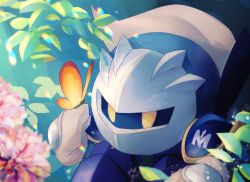 Rule 34 | absurdres, armor, blurry, blurry foreground, bug, butterfly, butterfly on hand, cape, commentary request, flower, hand up, helmet, highres, insect, kirby (series), looking at viewer, male focus, meta knight, nintendo, outdoors, plant, rainbow gradient, solid circle pupils, solo, vul3hl0smteyk1z, yellow eyes