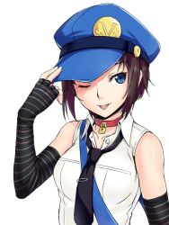 Rule 34 | 1girl, adjusting clothes, adjusting headwear, black hair, blue eyes, collar, elbow gloves, fingerless gloves, gloves, hat, kadokura sion, marie (persona 4), necktie, one eye closed, persona, persona 4, persona 4 the golden, solo, tongue, tongue out