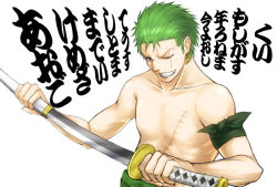 Rule 34 | 1boy, green hair, haramaki, male focus, one piece, roronoa zoro, scar, simple background, smile, solo, sword, topless male, wado ichimonji, weapon