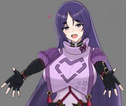 Rule 34 | 1girl, :d, breasts, desspie, fate/grand order, fate (series), fingerless gloves, floral print, gloves, grey background, heart, japanese clothes, large breasts, long hair, mature female, minamoto no raikou (fate), open arms, open mouth, parted bangs, purple hair, ribbed sleeves, smile, thick eyebrows