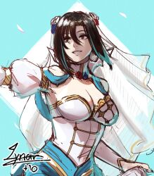Rule 34 | 1girl, bare shoulders, black hair, blue hair, breasts, cleavage, cm lynarc, detached sleeves, dress, fire emblem, fire emblem engage, fire emblem heroes, grin, highres, nel (fire emblem), nintendo, puffy sleeves, short hair, smile, solo, strapless, strapless dress, upper body