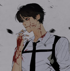 Rule 34 | 1boy, bandaged fingers, bandages, black hair, black necktie, blood, blood on clothes, blood on face, blood on hands, bloody tears, blurry, blurry background, chainsaw man, chest belt, cigarette, collared shirt, didwjddid030, ear piercing, facial scar, grey background, holding, holding cigarette, kishibe (chainsaw man), kishibe (young) (chainsaw man), looking to the side, necktie, piercing, scar, scar on cheek, scar on face, shirt, short hair, simple background, sleeves rolled up, solo, white shirt