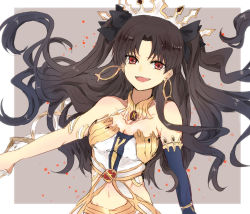 Rule 34 | &gt;:d, 1girl, :d, archer (ishtar), armlet, asymmetrical gloves, bare arms, bare shoulders, black gloves, black hair, black ribbon, blush, border, breasts, cleavage, clothing cutout, crown, earrings, elbow gloves, fate/grand order, fate (series), female focus, floating hair, gem, gloves, grey background, hair ribbon, holding, holding weapon, hoop earrings, ishtar (fate), jewelry, long hair, looking at viewer, medium breasts, midriff, naughty face, navel, navel cutout, neck, neck ring, open mouth, outline, outstretched arm, parted bangs, red eyes, revealing clothes, ribbon, round teeth, single elbow glove, single glove, smile, solo, star (symbol), strapless, teeth, tohsaka rin, tongue, two side up, type-moon, uneven gloves, v-shaped eyebrows, weapon, white border