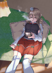 Rule 34 | 1girl, breasts, brown eyes, cigarette, corset, couch, cushion, frilled skirt, frills, grey hair, hair between eyes, hat, highres, holding, indoors, kantai collection, lamp, large breasts, lighter, long hair, long sleeves, looking at viewer, mouth hold, pola (kancolle), reclining, red skirt, shishanmo, sitting, skirt, smoke, smoking, solo, thighhighs, wavy hair, white thighhighs