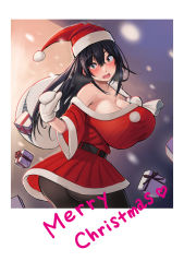 Rule 34 | 1girl, ass, black hair, black pantyhose, blush, box, breasts, christmas, cleavage, commentary request, dress, fang, fur trim, gift, gift box, grey eyes, hair between eyes, hat, highres, huge breasts, impossible clothes, impossible dress, long hair, looking at viewer, merry christmas, mittens, natsuishi nana, no bra, off-shoulder dress, off shoulder, original, pantyhose, red dress, sack, santa costume, santa hat, short dress, snowing, solo, taut clothes, taut dress, twisted torso, white mittens