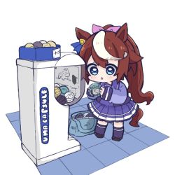 Rule 34 | 1girl, :&lt;, animal ears, bag, blue eyes, blush, brown footwear, brown hair, chibi, commentary request, gachapon (object), gashapon, gashapon machine, hair between eyes, hair ribbon, highres, holding, horse ears, horse girl, horse tail, kneehighs, long hair, long sleeves, multicolored hair, nozo (hitomiz), parted lips, pink ribbon, pleated skirt, ponytail, puffy long sleeves, puffy sleeves, purple shirt, purple skirt, purple socks, ribbon, school uniform, shirt, shoes, skirt, sleeves past wrists, socks, solo, standing, streaked hair, tail, tile floor, tiles, tokai teio (umamusume), tracen school uniform, triangle mouth, umamusume, very long hair, white background, white hair