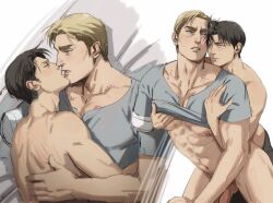 Rule 34 | 2boys, abs, amputee, bad id, bad twitter id, bandaged arm, bandages, bare pectorals, bite mark, black pants, clothes lift, couple, dudlesnoodles, erection, erwin smith, grey shirt, highres, imminent kiss, levi (shingeki no kyojin), looking at another, male focus, male pubic hair, multiple boys, naked shirt, navel, nipples, pants, parted lips, pectorals, penis, pubic hair, sex, sex from behind, shingeki no kyojin, shirt, shirt lift, testicles, topless male, yaoi