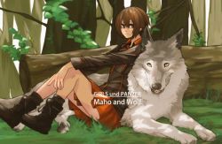 Rule 34 | 10s, 1girl, ankle boots, asuka (junerabitts), bad id, bad pixiv id, black footwear, black jacket, black legwear, boots, brown eyes, brown hair, character name, closed mouth, copyright name, dress shirt, forest, full body, girls und panzer, jacket, light smile, long sleeves, looking at viewer, military, military uniform, nature, nishizumi maho, no headwear, red shirt, red skirt, shirt, short hair, sitting, skirt, socks, tree, uniform, wolf