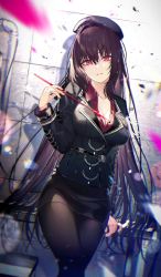 Rule 34 | 1girl, belt, beret, black hair, black hat, black jacket, black pantyhose, black skirt, blazer, breasts, cleavage, collarbone, collared shirt, commentary, craft essence (fate), fate/grand order, fate (series), hat, holding, jacket, kayahara, large breasts, long hair, long sleeves, looking at viewer, miniskirt, official art, pantyhose, parted lips, pencil skirt, red eyes, red shirt, scathach (fate), scathach (true crimson spear trainer) (fate), shadow, shirt, skirt, solo, unbuttoned, unbuttoned shirt, undershirt, very long hair, wing collar