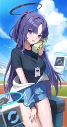Rule 34 | 1girl, black buruma, black shirt, blue archive, blue buruma, blue eyes, blue jacket, bottle, breasts, buruma, cloud, cloudy sky, cowboy shot, drone, gym shirt, gym uniform, halo, highres, id card, jacket, jacket partially removed, lanyard, leaning back, leaning on object, light blush, long hair, looking at viewer, medium breasts, official alternate costume, open mouth, outdoors, parted bangs, partially unzipped, ponytail, purple hair, seo pport, shirt, short sleeves, sky, smile, solo, star sticker, sticker, sticker on face, track and field, track jacket, water bottle, yuuka (blue archive), yuuka (track) (blue archive)