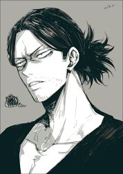 Rule 34 | &gt;:(, 1boy, angry, black hair, black shirt, boku no hero academia, collarbone, commentary request, eraser head (boku no hero academia), facial hair, grey background, greyscale, male focus, mature male, mkm (mkm storage), monochrome, ponytail, shirt, signature, solo, stubble, teeth, v-shaped eyebrows