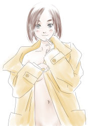 Rule 34 | 1girl, adjusting clothes, black eyes, blush, bob cut, breasts, brown coat, brown hair, closed mouth, coat, collarbone, commentary request, covering privates, covering breasts, eizouken ni wa te wo dasu na!, groin, hand on own chest, hand on own chin, highres, looking at viewer, midriff, mizusaki tsubame, naked coat, navel, non suke, off shoulder, open clothes, open coat, parted bangs, short hair, simple background, single bare shoulder, sleeves past wrists, small breasts, smile, solo, thick eyebrows, trench coat, upper body, white background