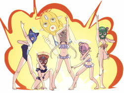 Rule 34 | 6+girls, :&gt;, ahoge, animal ears, ayane (blue archive), ayane (swimsuit) (blue archive), bag, bag over head, balaclava, barefoot, bikini, black bikini, blonde hair, blue archive, breasts, cleavage, competition swimsuit, explosion, frilled bikini, frills, halo, hifumi (blue archive), hifumi (swimsuit) (blue archive), hoshino (blue archive), hoshino (swimsuit) (blue archive), large breasts, long hair, low twintails, marudeningen, medium breasts, multiple girls, nonomi (blue archive), nonomi (swimsuit) (blue archive), on one knee, one-piece swimsuit, open mouth, paper bag, pink hair, pointy ears, serika (blue archive), serika (swimsuit) (blue archive), shiroko (blue archive), shiroko (swimsuit) (blue archive), smile, standing, standing on one leg, striped bikini, striped clothes, swimsuit, thumbs up, twintails, very long hair, white bikini, yellow bikini