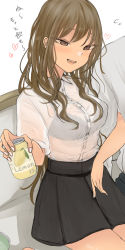 Rule 34 | 1boy, 1girl, alcohol, black bra, black skirt, blouse, bra, bra visible through clothes, brown eyes, brown hair, character request, collared shirt, commentary request, copyright request, food, fruit, heart, highres, lemon, locked arms, long hair, nail polish, necro (nekurodayo), see-through, see-through shirt, shirt, skirt, tagme, thighs, translation request, underwear, white shirt