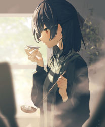 Rule 34 | 1girl, backlighting, bad id, bad pixiv id, black hair, black jacket, black ribbon, blouse, blush, closed mouth, collared shirt, cooking, from side, grey shirt, hair ribbon, highres, holding, idolmaster, idolmaster shiny colors, indoors, jacket, ladle, long hair, long sleeves, morino rinze, open clothes, open jacket, plate, profile, red eyes, ribbon, shirt, smile, solo, tasting, tasting plate, upper body, window, yomizu