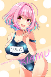 Rule 34 | 1girl, ahoge, arm under breasts, bare shoulders, blue hair, blue one-piece swimsuit, blush, breasts, cameltoe, character name, cleavage, collarbone, commentary, cowboy shot, dotted background, earrings, groin, hair between eyes, hair intakes, hand up, happy birthday, highleg, highleg swimsuit, idolmaster, idolmaster cinderella girls, jewelry, large breasts, leaning forward, legs together, looking at viewer, multicolored hair, name tag, one-piece swimsuit, open mouth, orange background, pill earrings, pink eyes, pink hair, ryusei2u, shiny skin, short hair, smile, solo, standing, strap slip, swimsuit, tearing up, thigh gap, thighs, twitter username, two-tone background, two-tone hair, typo, watermark, white background, yumemi riamu