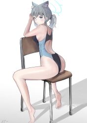 Rule 34 | 1girl, absurdres, animal ear fluff, animal ears, barefoot, black one-piece swimsuit, blue archive, blue eyes, breasts, competition swimsuit, cross hair ornament, extra ears, full body, grey hair, hair ornament, halo, highres, legs, looking at viewer, low ponytail, medium breasts, medium hair, mismatched pupils, multicolored clothes, multicolored swimsuit, noa9noaa, official alternate costume, on chair, one-piece swimsuit, shadow, shiroko (blue archive), shiroko (swimsuit) (blue archive), simple background, sitting, sitting backwards, solo, swimsuit, white background, wolf ears