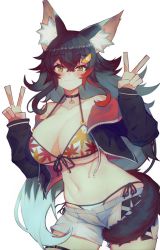 Rule 34 | 1girl, :3, animal ear fluff, animal ears, bikini, bikini under clothes, black hair, blush, breasts, flipped hair, grey hair, hair between eyes, hair ornament, hairclip, highres, hololive, jacket, large breasts, long hair, looking at viewer, md5 mismatch, multicolored hair, off shoulder, ookami mio, ookami mio (hololive summer 2019), red hair, resolution mismatch, shorts, sidelocks, simple background, solo, source larger, spiked hair, streaked hair, swimsuit, tail, tail around own leg, tail wrap, v, varniskarnis, very long hair, virtual youtuber, white background, white hair, wolf ears, wolf girl, wolf tail, yellow eyes