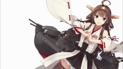 Rule 34 | 10s, 1girl, ahoge, brown hair, detached sleeves, eyecatch, fist in hand, hair bun, headgear, highres, japanese clothes, kantai collection, kongou (kancolle), konishi (koconatu), long hair, machinery, non-web source, nontraditional miko, official art, own hands together, palm-fist greeting, purple eyes, ribbon-trimmed sleeves, ribbon trim, screencap, simple background, single hair bun, smirk, solo, thighhighs, turret, zettai ryouiki