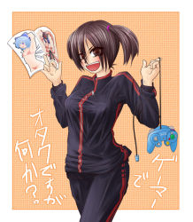 Rule 34 | 1girl, aduman, bad id, bad pixiv id, brown hair, character request, check translation, cirno, controller, game console, game controller, gamecube, ganmen2525, nagae iku, short hair, solo, touhou, track suit, translation request, twintails
