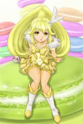 Rule 34 | 1girl, :p, back, boots, bow, choker, collarbone, cookie, cure peace, food, from above, full body, hair flaps, hair ornament, highres, kise yayoi, long hair, looking at viewer, looking up, macaron, magical girl, makkiusagi, pastry, precure, puffy short sleeves, puffy sleeves, short sleeves, shorts, shorts under skirt, skirt, smile precure!, solo, sweets, tongue, tongue out, wide ponytail, yellow bow, yellow choker, yellow shorts, yellow skirt