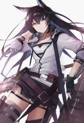 Rule 34 | 1girl, animal ears, arknights, belt, black belt, black gloves, black hair, black skirt, blaze (arknights), blue eyes, cat ears, commentary, cowboy shot, gloves, grey background, hair between eyes, hairband, hand guard, highres, jacket, long hair, looking at viewer, miniskirt, red hairband, simple background, skirt, smile, solo, thighhighs, weasel (close-to-the-edge), white jacket