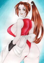 Rule 34 | 1girl, ass, breasts, brown eyes, brown hair, fatal fury, female focus, highres, japanese clothes, large breasts, long hair, looking at viewer, looking back, matching hair/eyes, ponytail, shiranui mai, smile, snk, solo, solo focus, the king of fighters, thong, traditional media