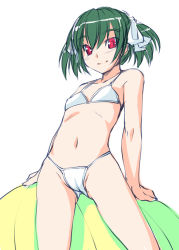 Rule 34 | 1girl, bikini, bosshi, cameltoe, flat chest, green hair, original, red eyes, short twintails, simple background, smile, solo, swimsuit, twintails, white background, white bikini, yu (bosshi)