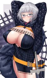 Rule 34 | 1girl, arms behind head, arms up, belt, black dress, black jacket, blue eyes, breasts, cleavage, closed mouth, cropped jacket, dress, fate/grand order, fate (series), fujimaru ritsuka (male), glasses, grey hair, highres, hitotsuki nebura, hood, hooded jacket, jacket, jacques de molay (foreigner) (fate), large breasts, long sleeves, looking at viewer, open clothes, open jacket, shield, short dress, short hair, smile, solo, sword, thighs, weapon