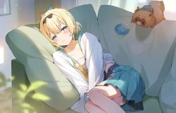 Rule 34 | 1girl, blonde hair, blue eyes, blue skirt, blush, bone, breasts, chest sarashi, cleavage, closed mouth, couch, cushion, hair ribbon, hana mori, hand fan, haori, hololive, japanese clothes, kazama iroha, long sleeves, looking at viewer, lying, on couch, on side, paper fan, pokobee, ponytail, ribbon, sarashi, sideways glance, skirt, small breasts, solo, uchiwa, v arms, virtual youtuber