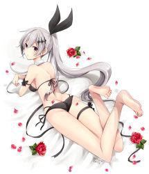Rule 34 | 1girl, absurdres, ass, back, bare arms, bare legs, bare shoulders, barefoot, bikini, black bikini, black ribbon, blush, bow, breasts, brown eyes, butt crack, earrings, feet up, five-seven (cruise queen) (girls&#039; frontline), five-seven (girls&#039; frontline), flower, flower earrings, girls&#039; frontline, hair ornament, hair ribbon, highres, hiroichi, jewelry, large breasts, long hair, looking at viewer, lying, multi-strapped bikini, official alternate costume, on stomach, open mouth, ponytail, red flower, red rose, ribbon, rose, shoulder blades, side-tie bikini bottom, sidelocks, signature, silver hair, skindentation, solo, swimsuit, very long hair