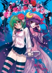 Rule 34 | 2girls, adjusting eyewear, antennae, bad id, bad pixiv id, bespectacled, blush, bug, butterfly, cape, crescent, crescent hat ornament, dress, female focus, flower, glasses, green eyes, green hair, hat, hat ornament, holding hands, insect, itou life, long hair, miniskirt, multiple girls, patchouli knowledge, petals, pinky out, purple eyes, purple hair, short hair, skirt, striped clothes, striped legwear, striped thighhighs, thighhighs, touhou, wriggle nightbug, zettai ryouiki