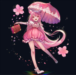 Rule 34 | 1girl, :d, bag, black background, bow, bowtie, bubble skirt, cherry blossom cookie, cookie run, double bun, flower, hair bun, long hair, looking at viewer, open mouth, petals, pink bow, pink bowtie, pink eyes, pink hair, pink skirt, pink theme, pink umbrella, simple background, skirt, smile, solo, standing, standing on one leg, umbrella, very long hair, ziiiing